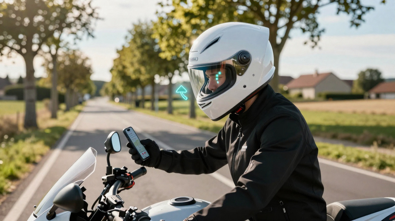 Motociclista com capacete branco consulta GPS num smartphone enquanto está parado numa estrada rural.