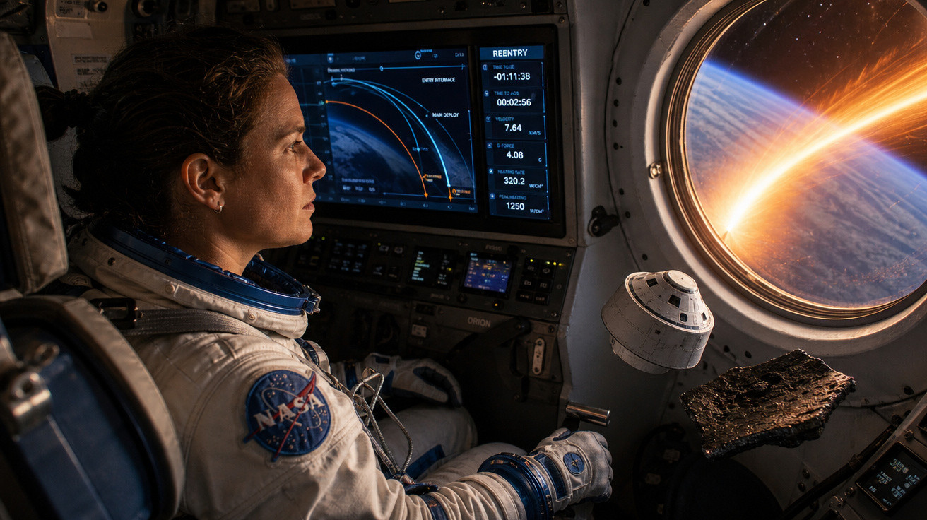 Astronauta da NASA observa a reentrada na Terra através da janela da nave espacial com controlo digital visível.