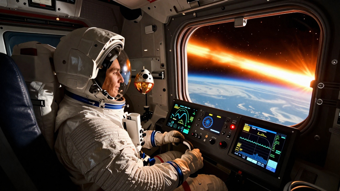 Astronauta dentro de nave espacial a observar um meteoro a entrar na atmosfera da Terra.