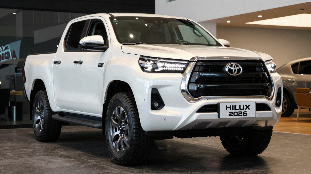 Pick-up Toyota Hilux branca modelo 2026 em exposição interior com rodas robustas e faróis LED.