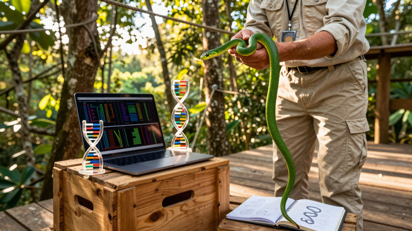 Cientista segura cobra verde ao lado de portátil com dados genéticos e modelos de ADN numa floresta.