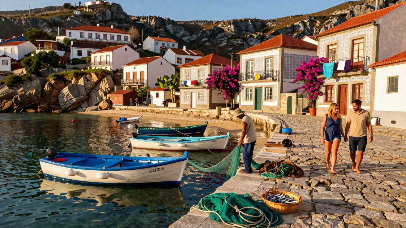 Costa de vila piscatória com barcos, casas típicas com flores e pessoas junto ao cais ao pôr do sol.