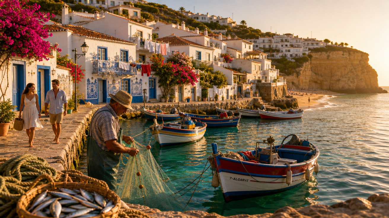 Pescador a cuidar da rede junto a barcos coloridos em vila costeira ensolarada com casas brancas no Algarve.