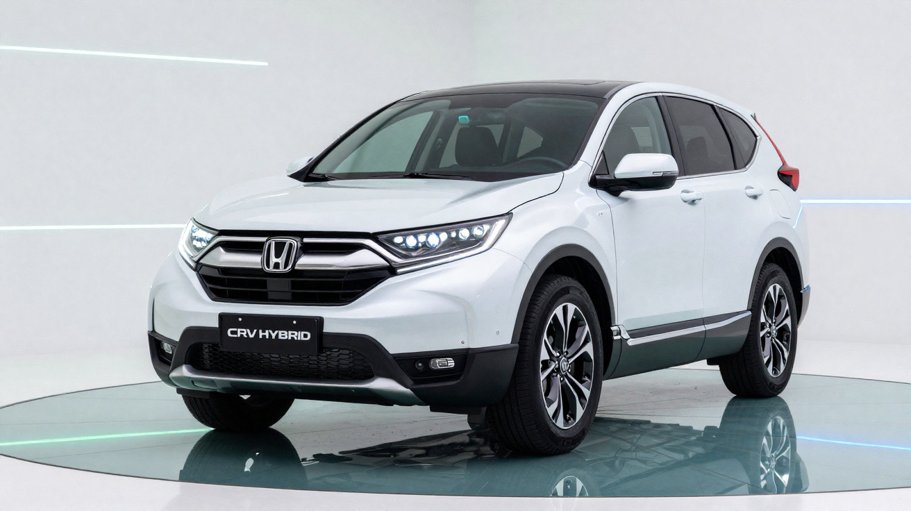 Automóvel Honda CR-V Hybrid branco, vista frontal em estúdio com luzes de LED acesas.