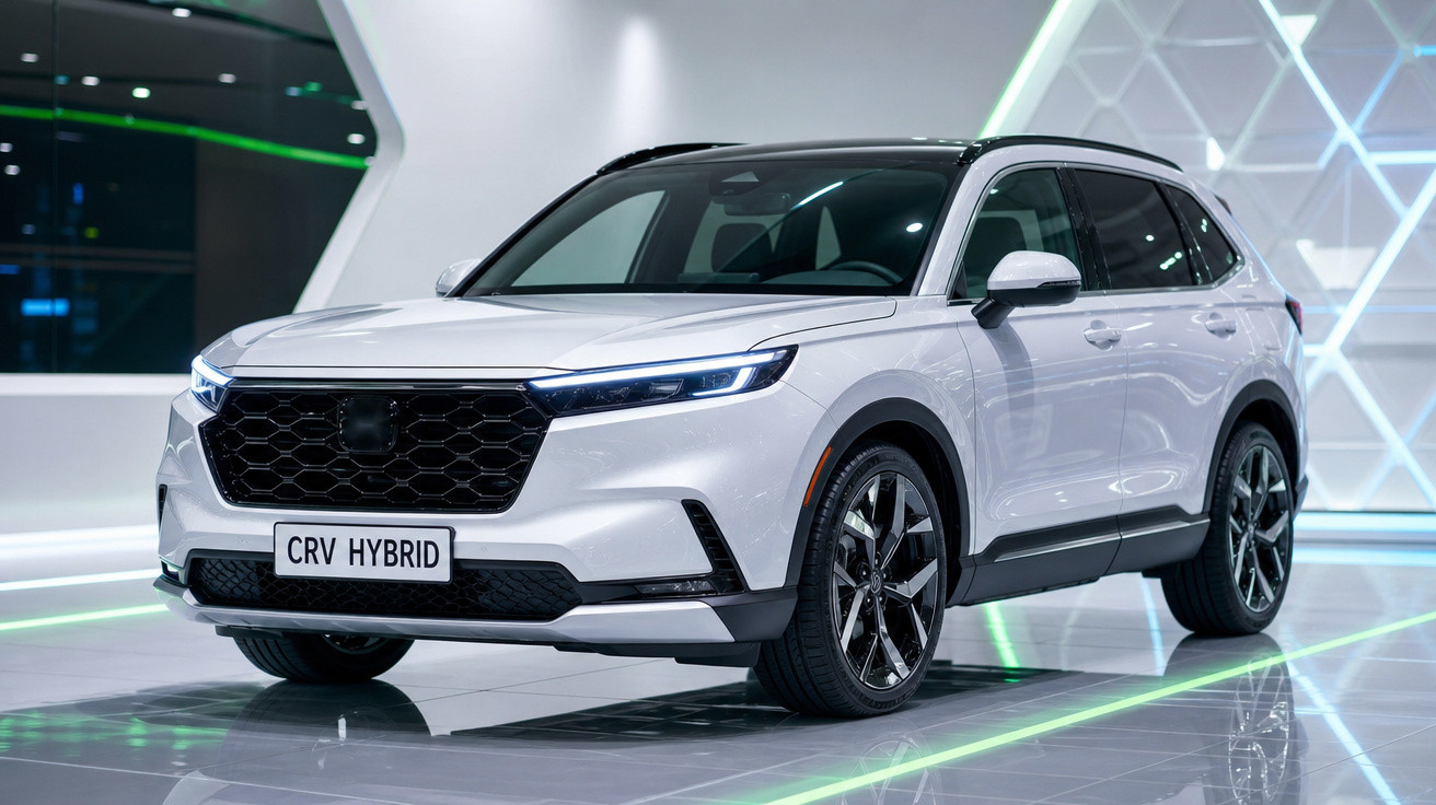 SUV híbrido branco Honda CRV estacionado em sala iluminada moderna.