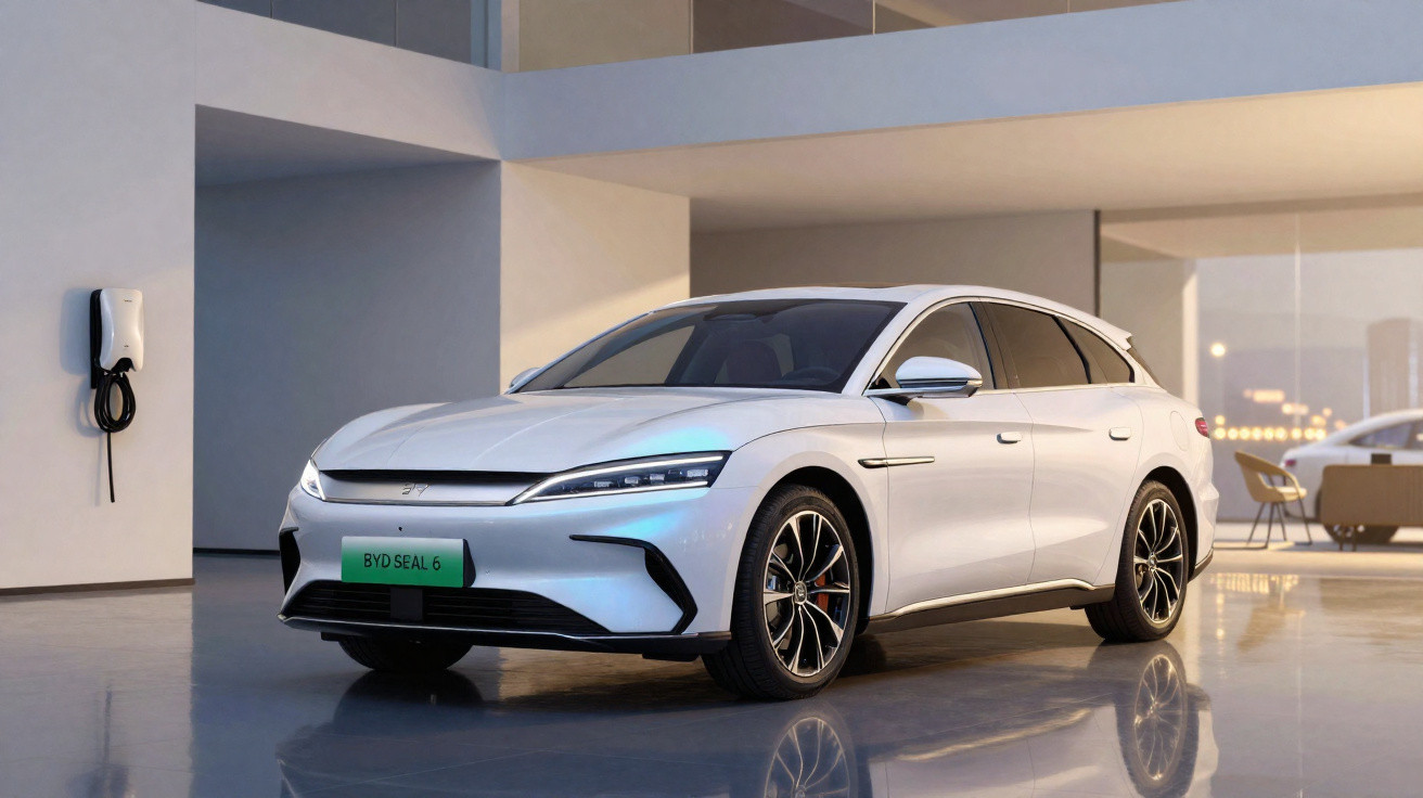 Carro elétrico branco estacionado num interior moderno, com carregador elétrico montado na parede.
