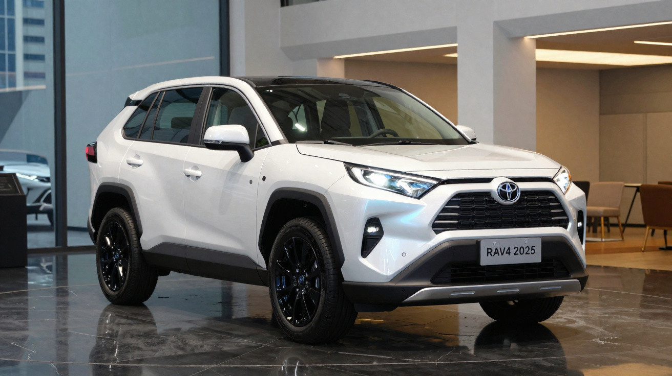 Toyota RAV4 2025 branco estacionado em interior moderno com chão refletor e paredes claras.