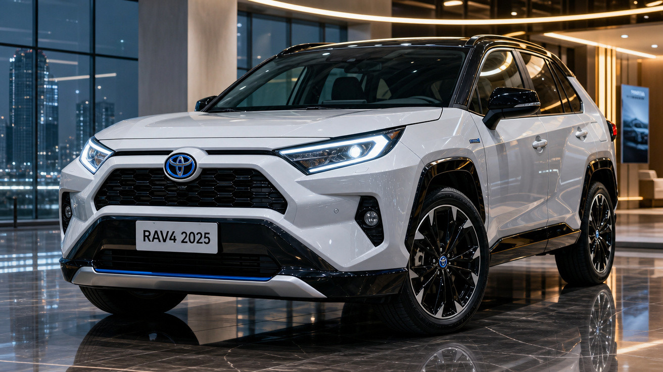 SUV Toyota RAV4 2025 branco com faróis acesos em ambiente interior moderno e reflexivo.