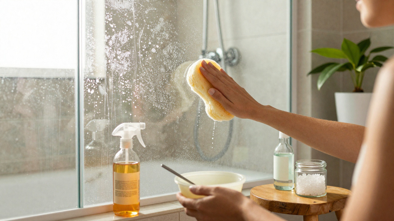 Pessoa a limpar vidro da janela da casa de banho com esponja amarela e produtos de limpeza.