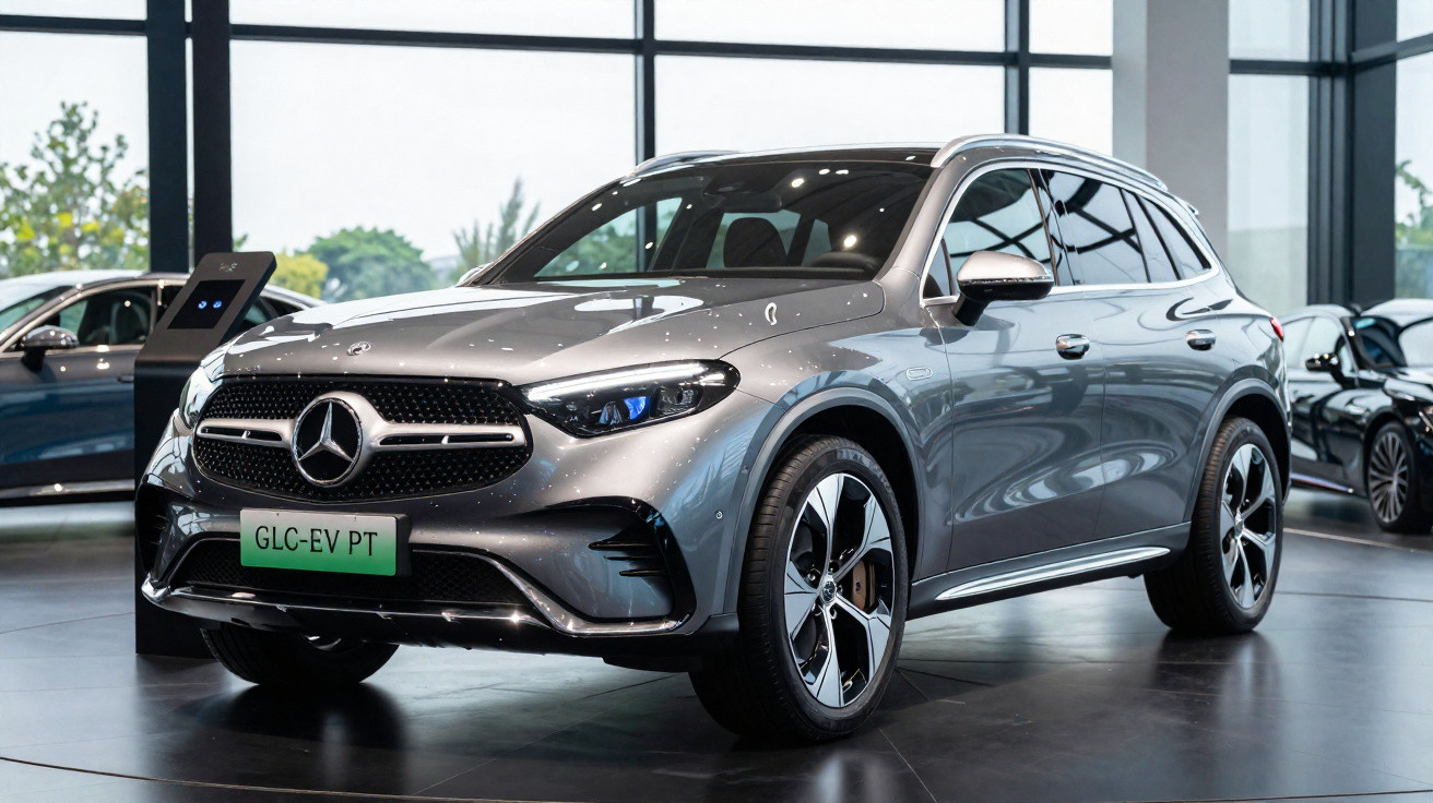 Veículo Mercedes-Benz elétrico cinzento em exposição num showroom moderno.