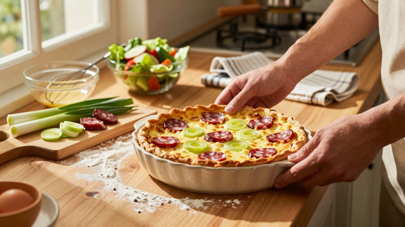 Pessoa a tirar do forno quiche com chouriço e alho francês numa cozinha iluminada pela janela.