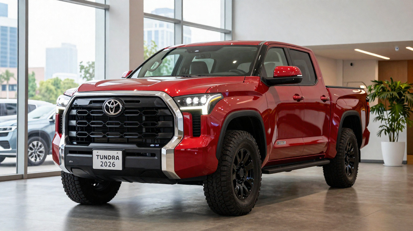 Picape Toyota Tundra 2026 vermelha com faróis LED exposta em showroom moderno.