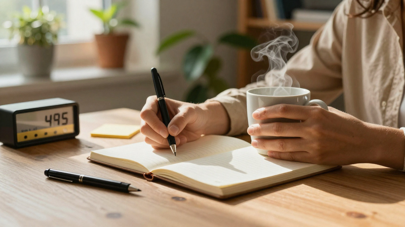 Pessoa a escrever numa agenda com uma mão e a segurar uma chávena de café quente com a outra.