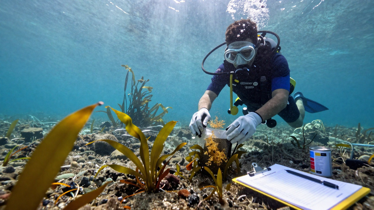 Mergulhador a recolher amostras de plantas marinhas no fundo do mar para estudo científico.