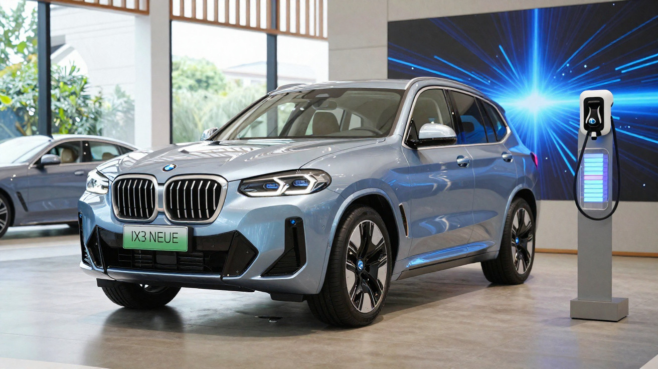 Carro elétrico BMW X3 Neue cinzento estacionado em showroom ao lado de posto de carregamento.