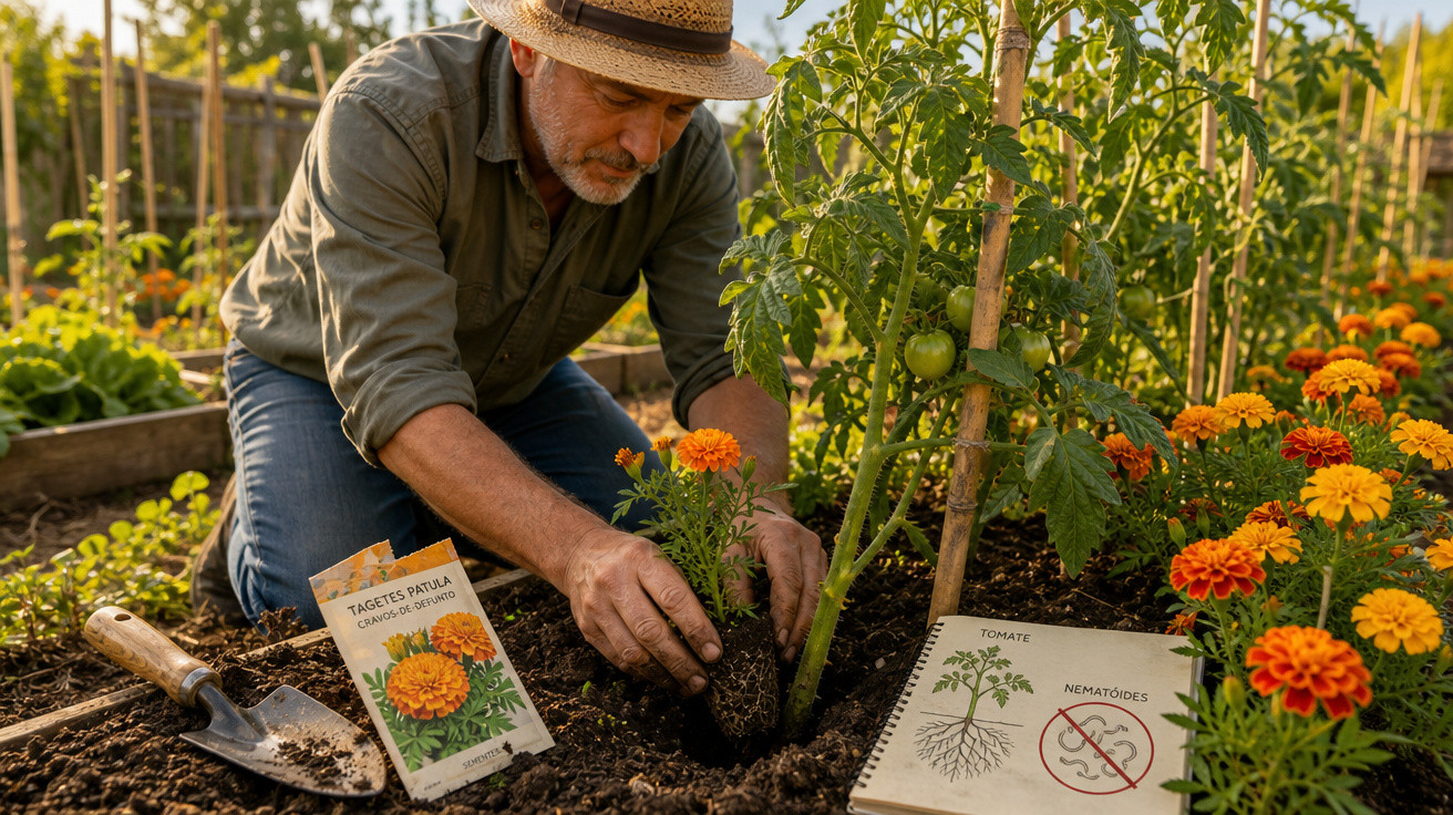 Homem a plantar cravos-de-defunto ao lado de uma planta de tomate numa horta ensolarada.