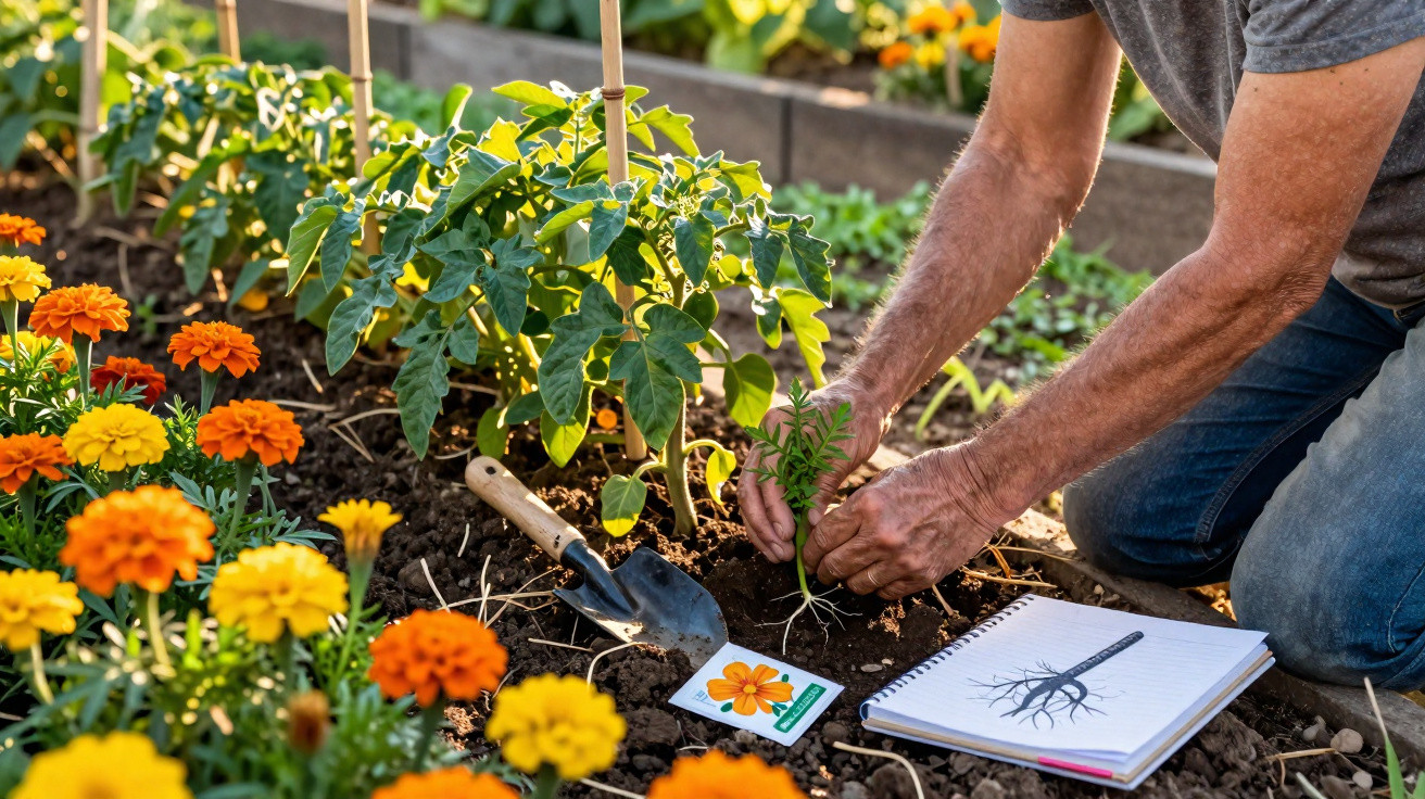 Pessoa a plantar muda num jardim com flores amarelas e laranja, com caderno e enxada ao lado.