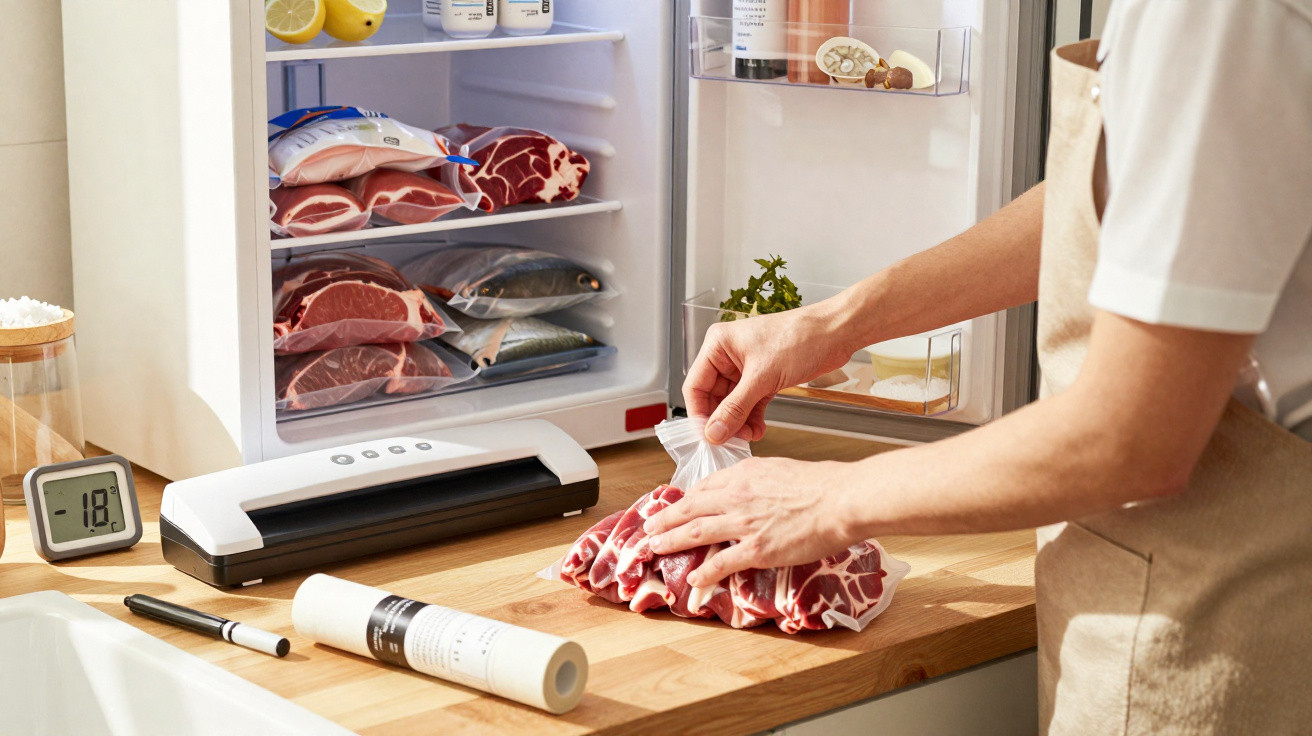 Pessoa a embalar carne em saco plástico junto a frigorífico aberto com carne e peixe congelados.