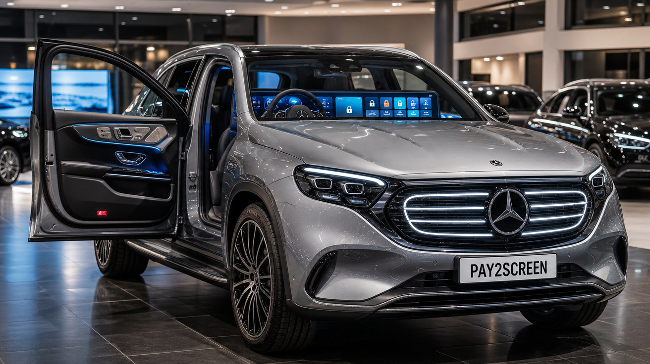 Carro elétrico Mercedes-Benz cinzento com porta da frente aberta em concessionário moderno.