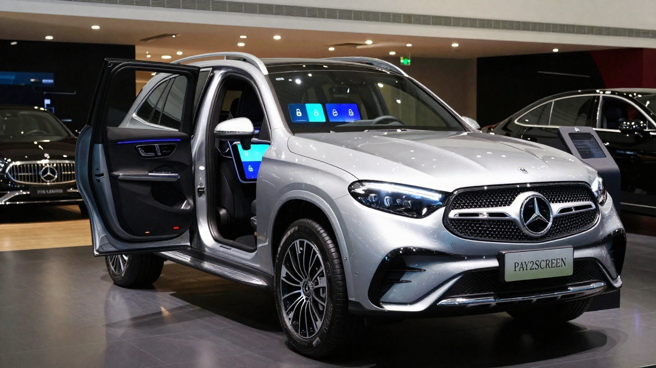 Mercedes-Benz SUV cinzento com portas abertas em exposição num salão automóvel.