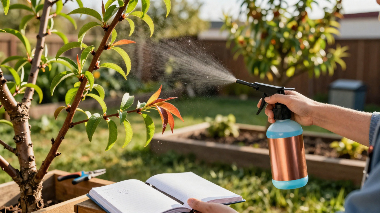 Pessoa pulveriza planta jovem num jardim com livro aberto e tesoura ao fundo.