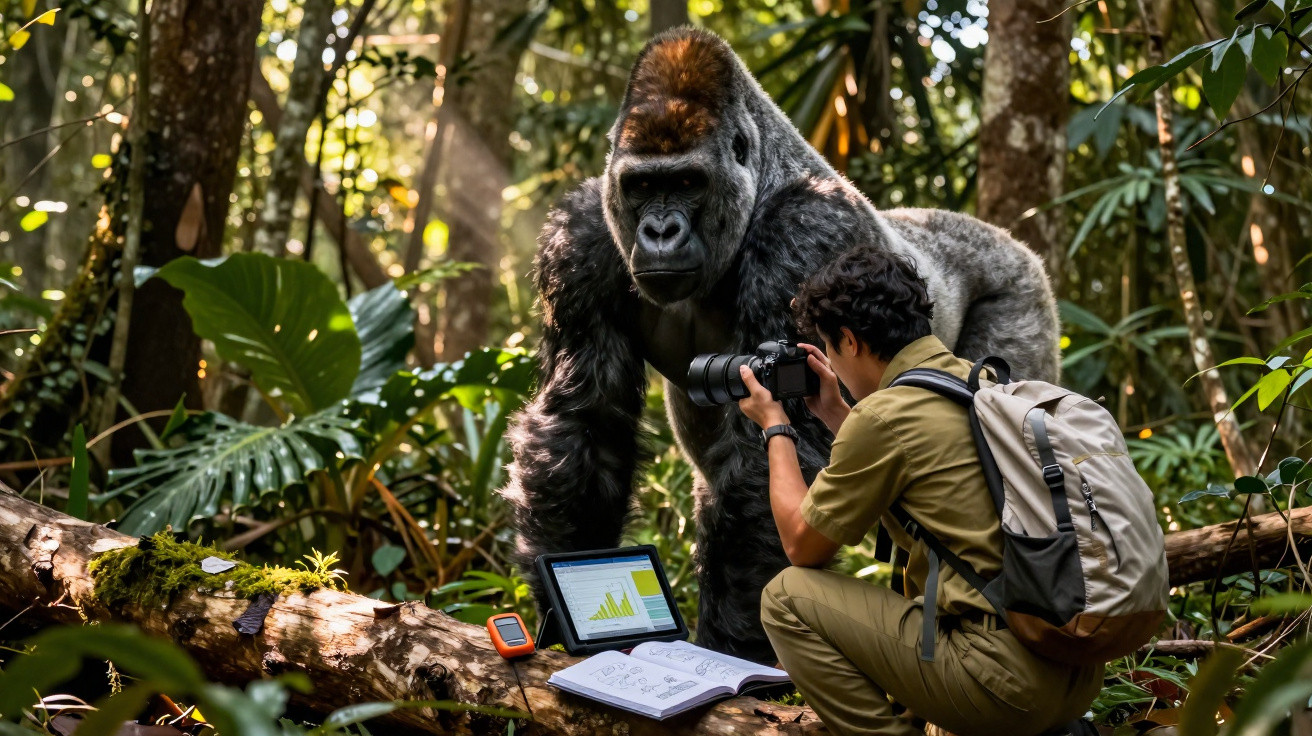 Homem fotógrafo em floresta captura imagem de um gorila junto a equipamento científico.