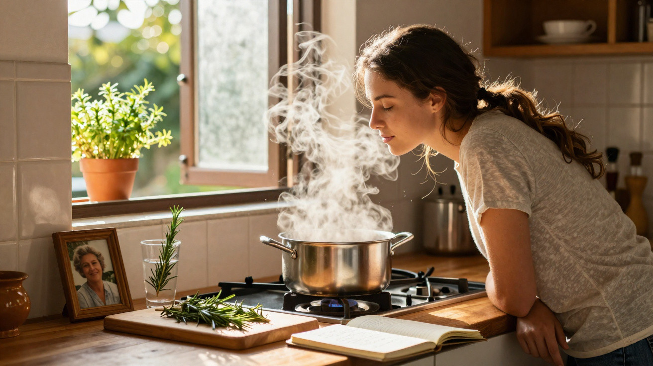 Mulher a cheirar o vapor de uma panela numa cozinha com plantas e livro aberto na bancada.