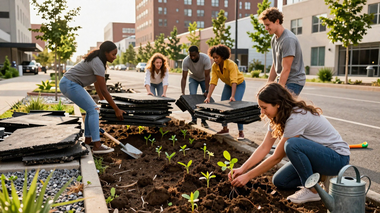 Grupo diversificado de jovens a plantar e cuidar de plantas numa horta urbana numa rua da cidade.