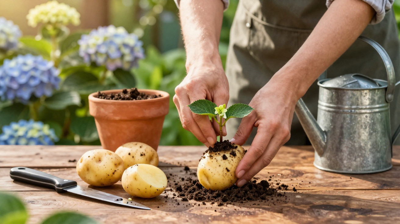 Mãos a plantar batata com muda verde, terra, regador e faca sobre mesa de madeira num jardim.