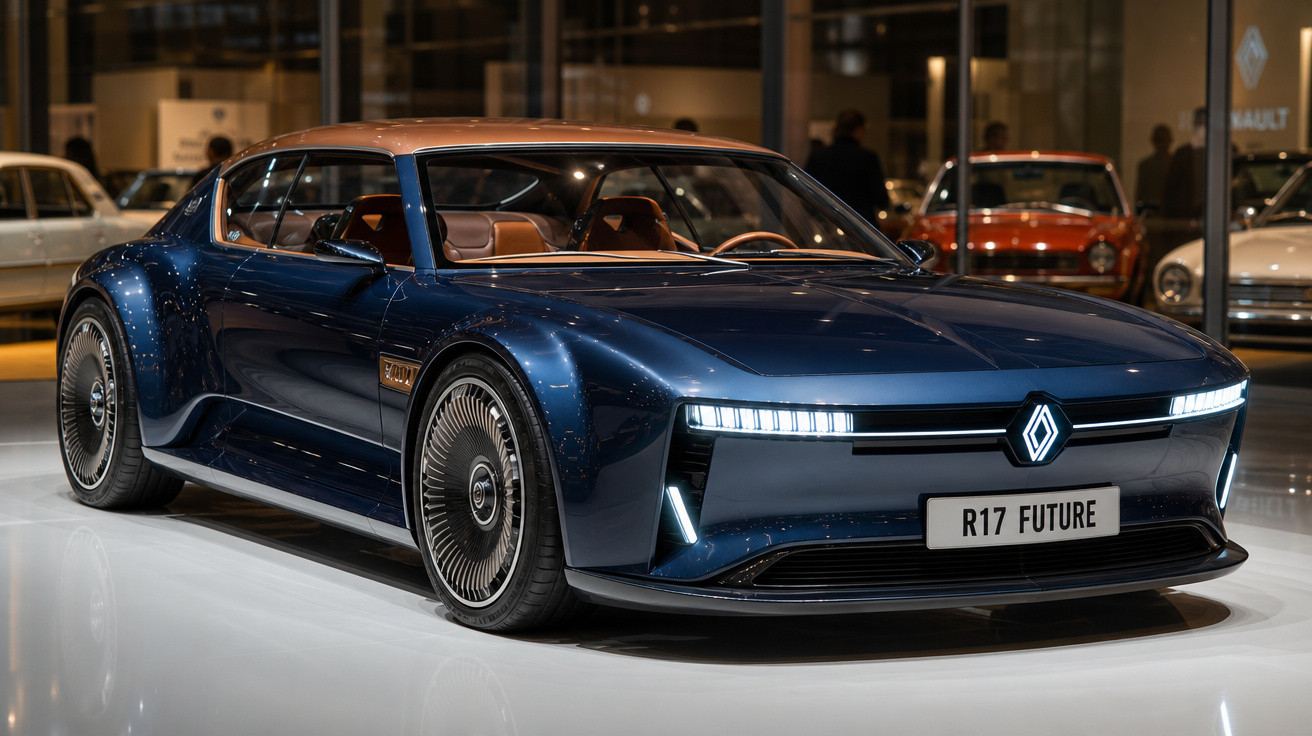 Carro concept Renault R17 Future azul escuro com design moderno e faróis LED expostos numa exposição.