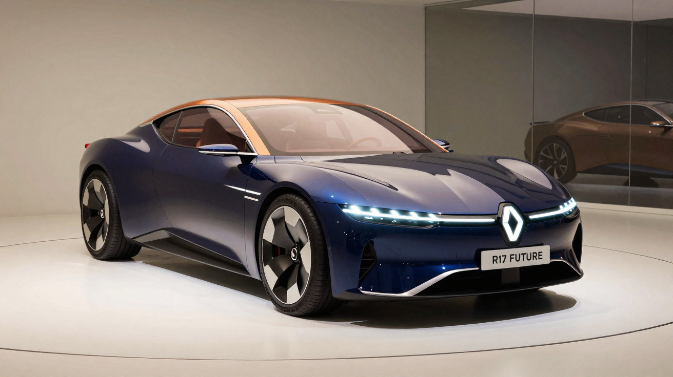 Carro desportivo elétrico azul Renault R17 Future exibido num espaço minimalista com espelhos.