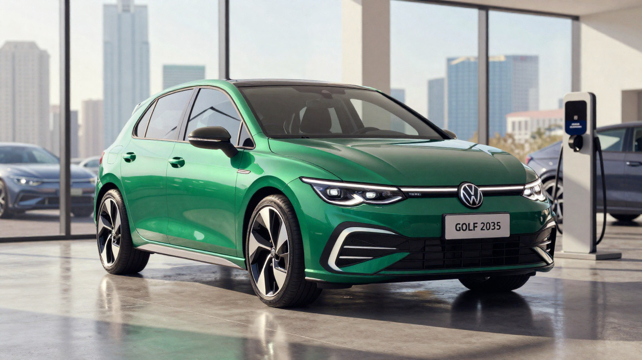 Carro eléctrico Volkswagen Golf 2035 verde estacionado numa garagem com cidade ao fundo.