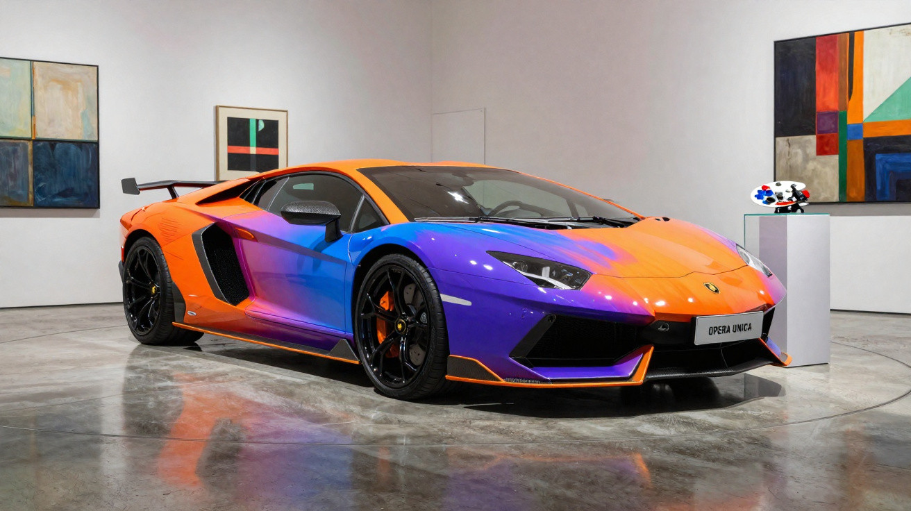 Carro desportivo Lamborghini com pintura em degradê laranja e roxo num espaço de arte moderno.