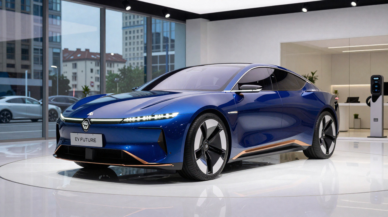 Carro elétrico azul moderno estacionado numa sala expositora com janelas amplas e suporte de carregamento.