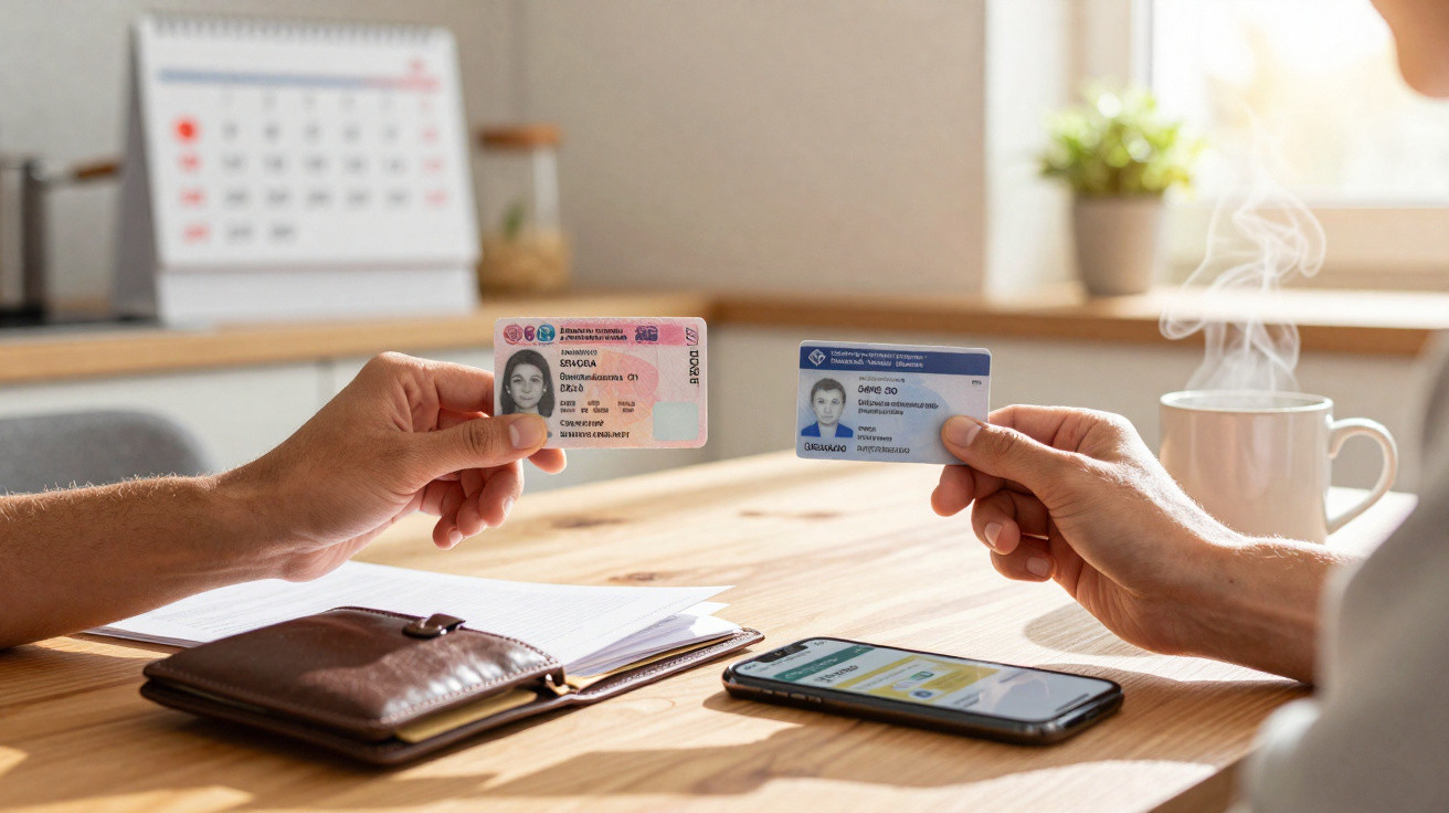 Duas mãos seguram cartas de cidadão em cima de mesa com carteira, smartphone e caneca com vapor.