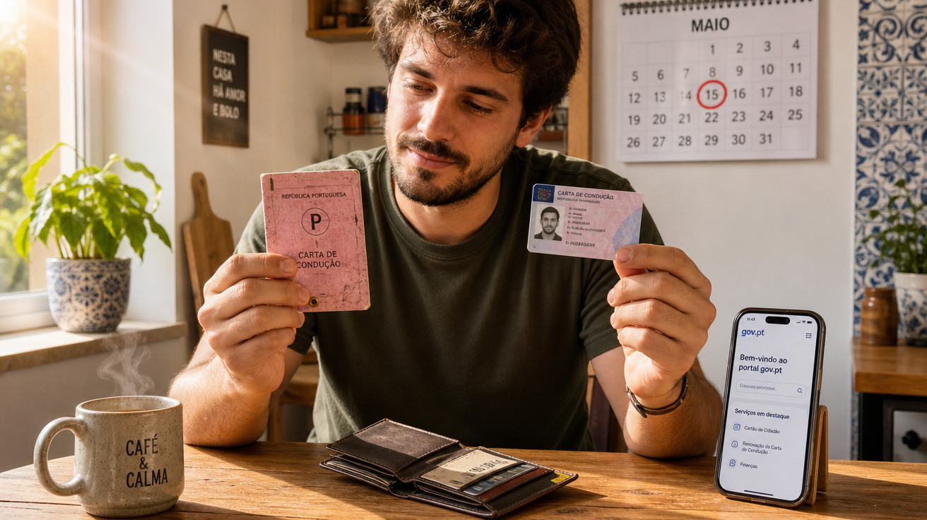 Homem sentado à mesa a comparar carta de condução antiga e nova, com calendário marcado no fundo.