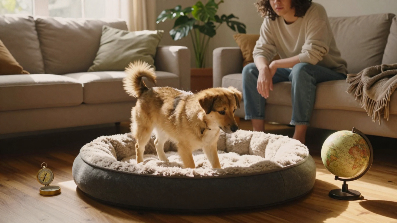 Cão castanho em cama macia, com pessoa sentada no sofá e globo terrestre no chão numa sala iluminada.