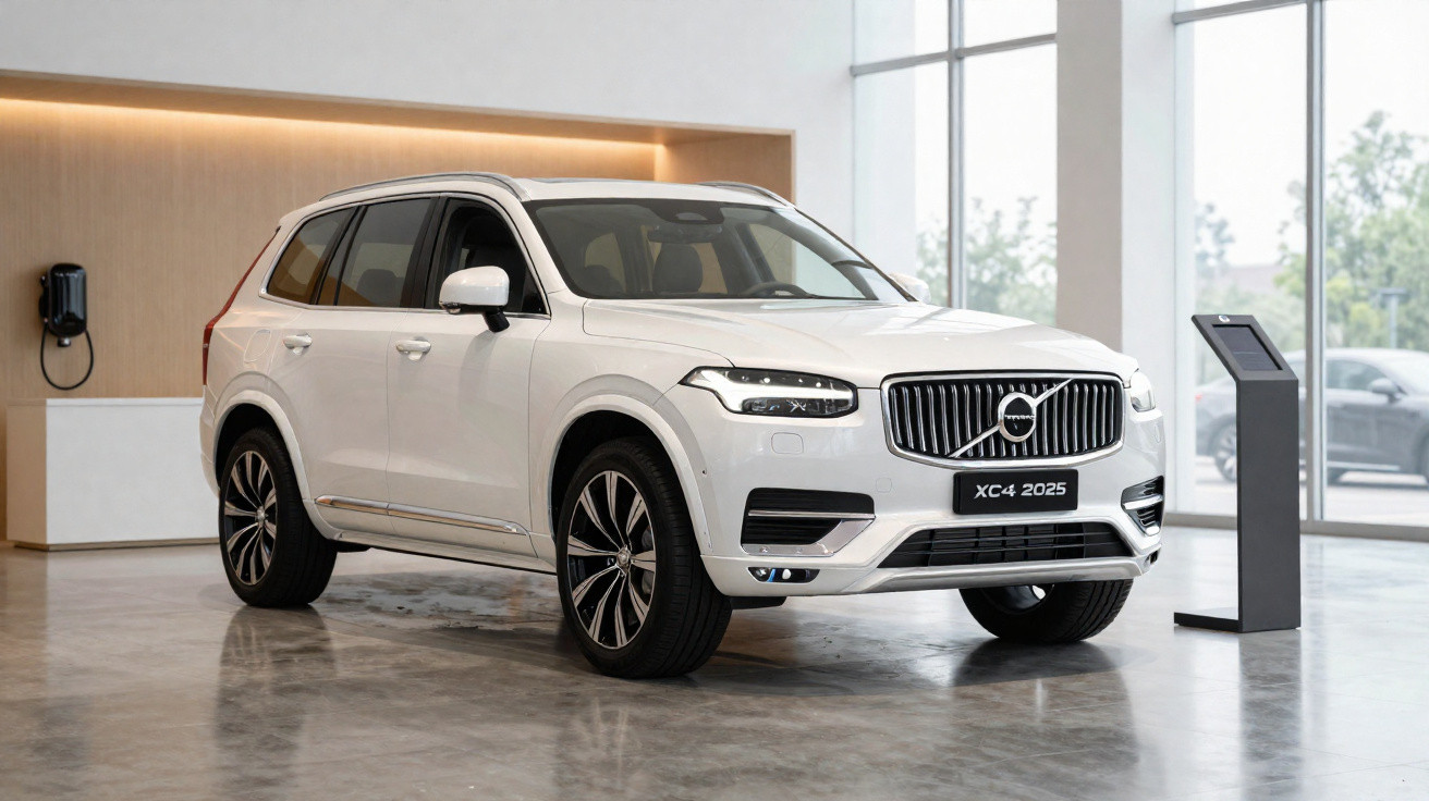 Carro Volvo XC40 branco exposto numa sala moderna com paredes claras e janelas amplas.