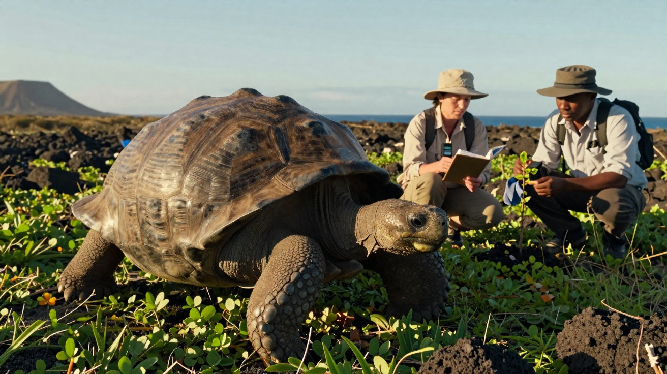 Tartaruga gigante na Natureza com dois cientistas de campo a observá-la e a fazer anotações.