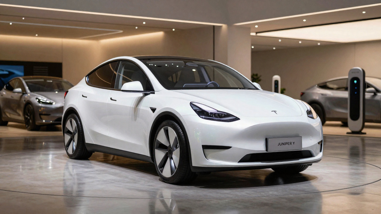 Carro elétrico Tesla branco estacionado interiormente com carros cinzentos ao fundo e posto de carregamento.