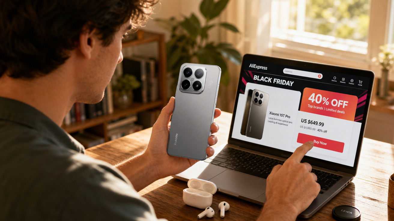Pessoa a segurar telemóvel Xiaomi e a comprar online promoção de Black Friday num portátil.