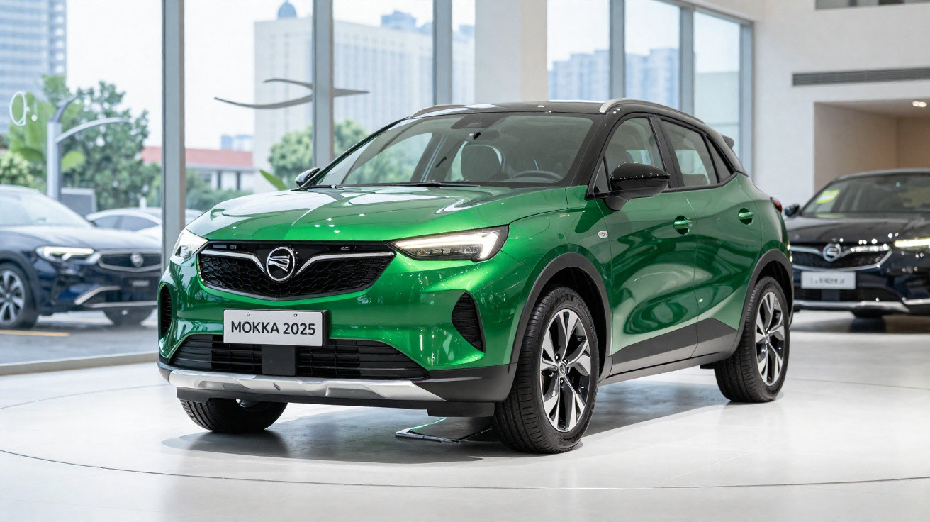 Carro SUV verde Opel Mokka 2025 em exibição dentro de concessionária moderna com vidro panorâmico.