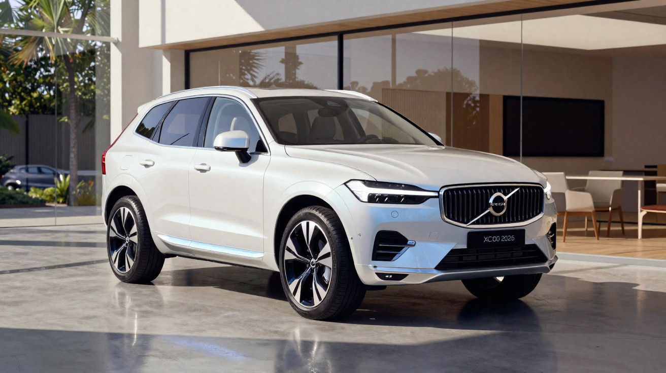 Carro Volvo XC90 branco estacionado em garagem moderna com vidro e paisagem ao fundo.