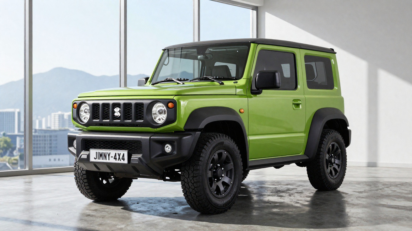 Carro SUV compacto verde com teto preto estacionado em espaço iluminado por janelas grandes.