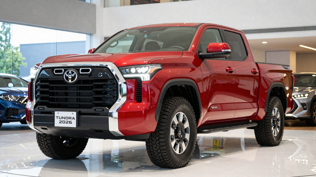 Camioneta Toyota Tundra 2026 vermelha exibida em stand automóvel moderno.