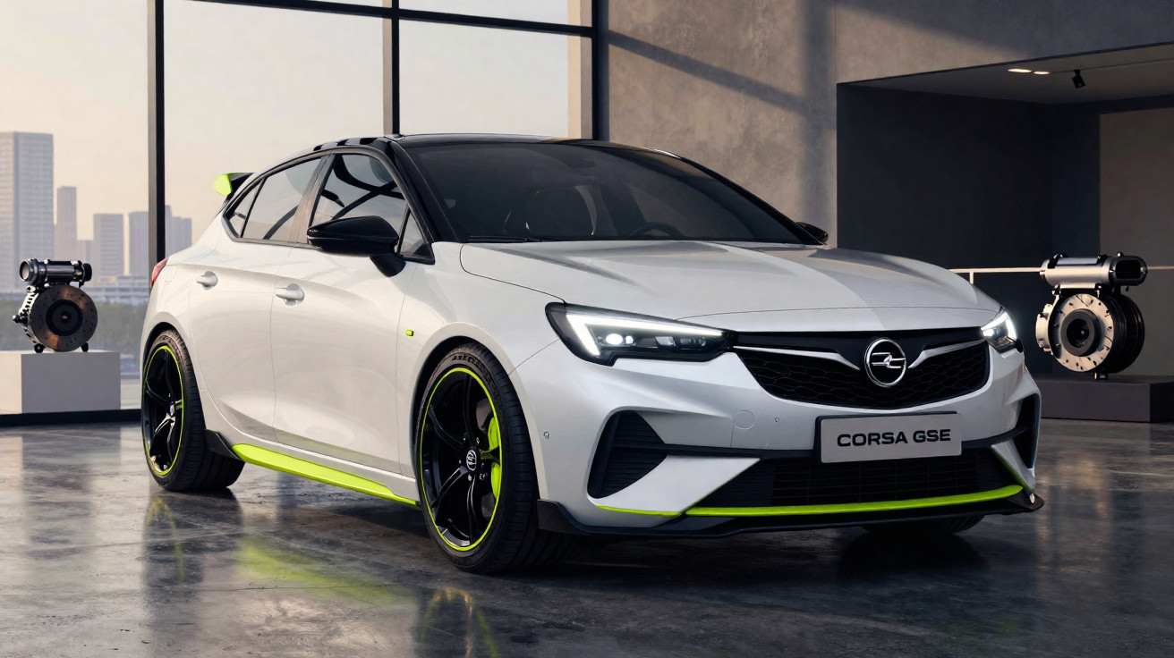 Automóvel compacto branco Opel Corsa GSe em exposição numa sala com janelas grandes e luz natural.