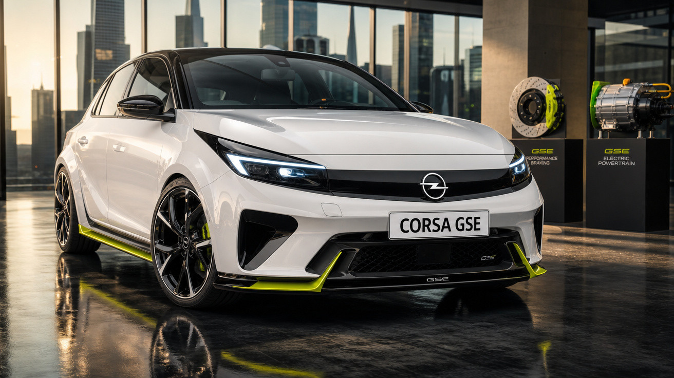 Carro elétrico Opel Corsa GSE branco com detalhes verdes, numa garagem com janelas e vista para cidade.