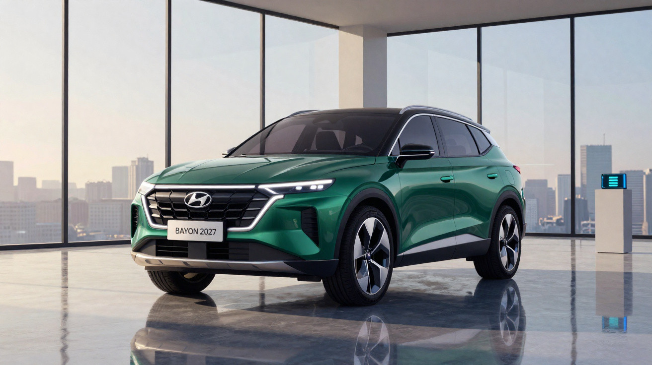 Automóvel Hyundai Bayon 2027 verde estacionado em interior com grandes janelas e vista urbana.