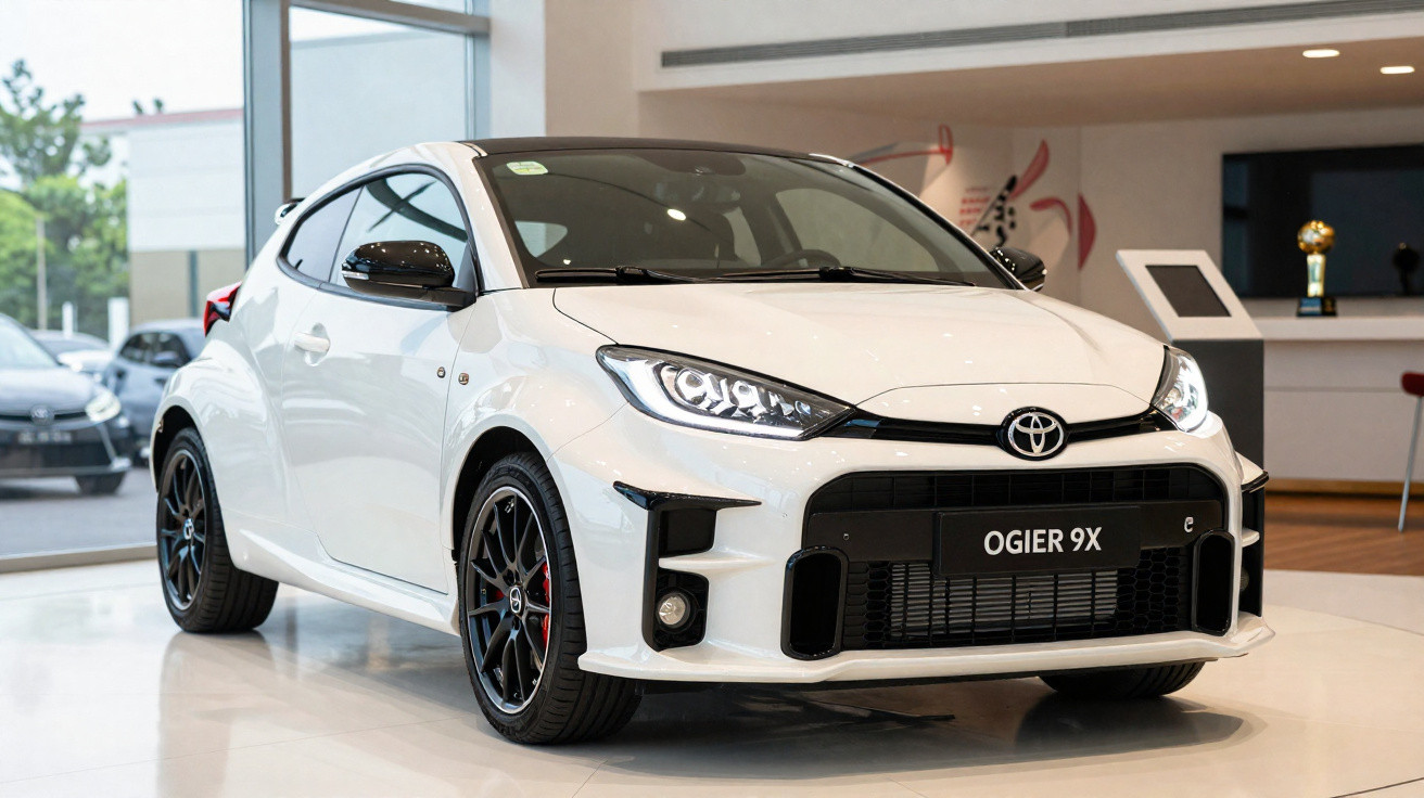 Carro desportivo branco Toyota Ogier 9X estacionado em showroom moderno com janelas amplas.