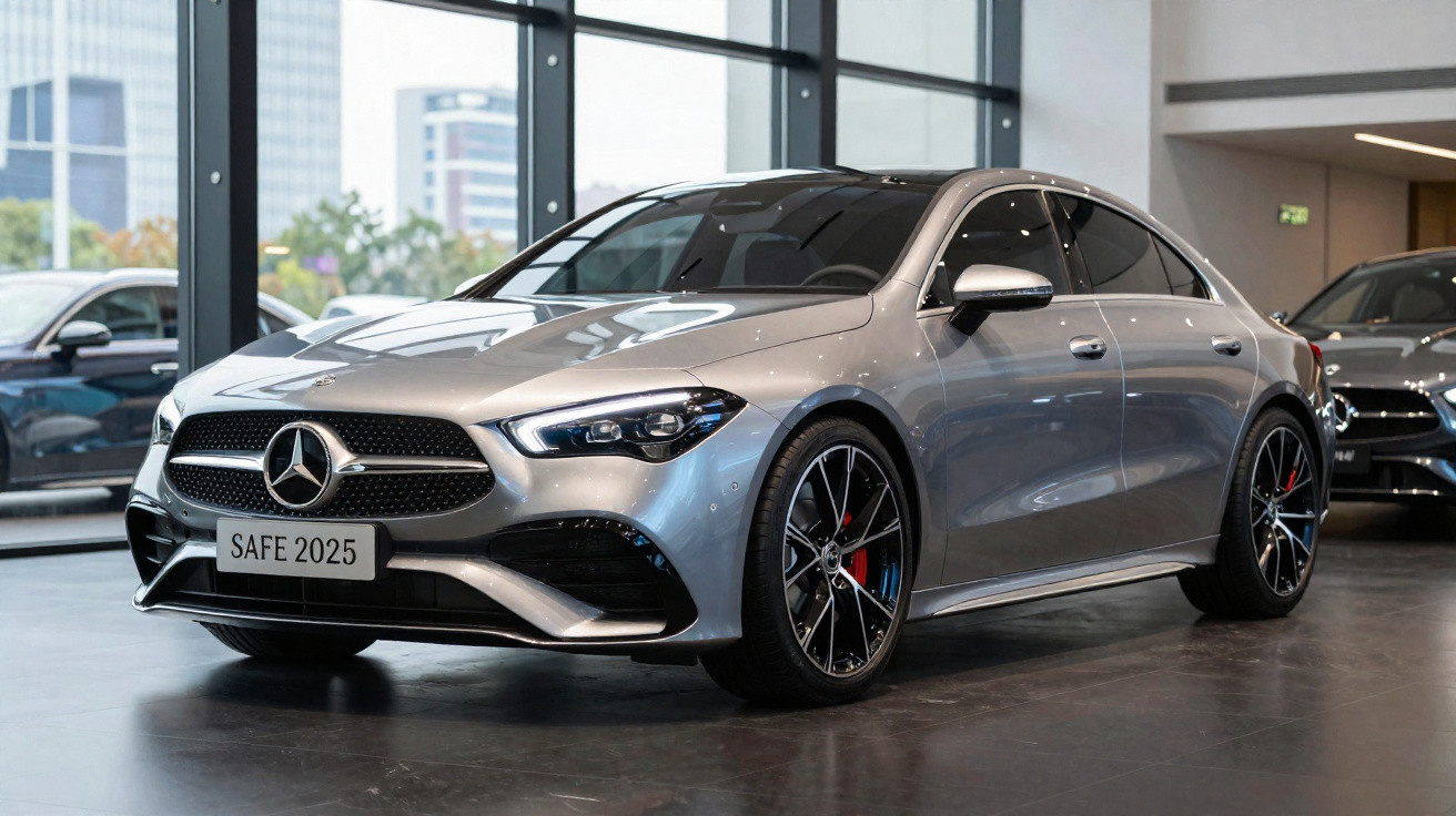 Carro sedan Mercedes-Benz prateado modelo 2025 em exposição numa sala moderna, com janelas grandes.